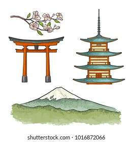 Mountain Fuji in Japan, pagoda, torii, cherry sakura branch with flowers and blossom. Vintage color vector engraving illustration for poster. Isolated on white background. Hand drawn design element