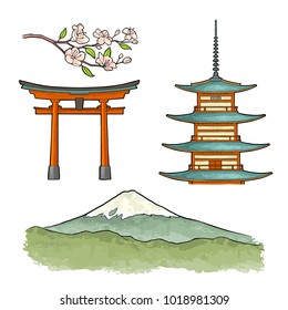 Mountain Fuji in Japan, pagoda, torii, cherry sakura branch with flowers and blossom. Vintage color vector engraving illustration for poster. Isolated on white background. Hand drawn design element