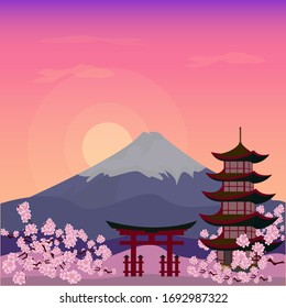 Mountain Fuji Japan Sakura View Landscape Travel Place ilustration Vector 