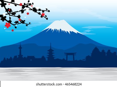 Mountain Fuji Japan Sakura View Landscape Travel Place Vector

