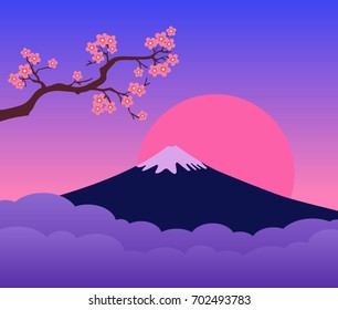 Mountain Fuji Japan Sunset and Cherry Blossoms Branch