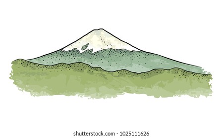 Mountain Fuji in Japan. Vintage color vector engraving illustration for poster, label, web. Isolated on white background. Hand drawn design element