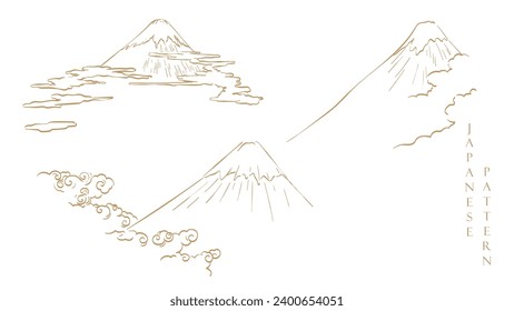Mountain fuji with Japanese wave pattern with cloud element in vintage style	