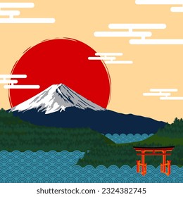 the mountain fuji in lake  with sunset