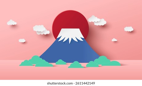 Mountain fuji landmark of japan. Poster Mt. Fuji on pastel red background. Paper cut and craft style illustration