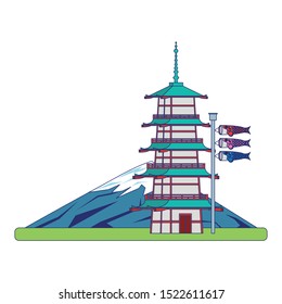 Mountain fuji with pagoda Japanese koinobori flag over white background, vector illustration