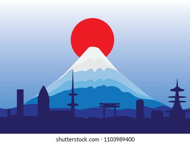 Mountain Fuji and red sun with blue sky background.Mountain Fuji Japan View Landscape Travel Place Vector.