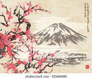 Mountain Fuji and spring Oriental cherry blossoms.