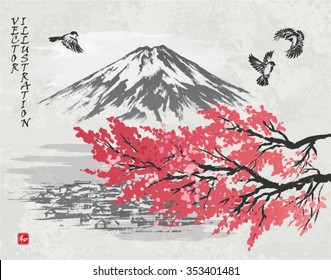 Mountain Fuji and spring Oriental cherry blossoms.