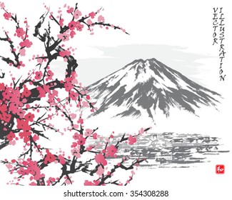 Mountain Fuji and spring Oriental cherry blossoms. Vector illustration. Hieroglyph "harmony"