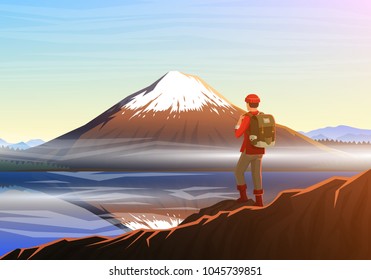 Mountain Fuji with tourist, morning panoramic view with reflection on the lake kawaguchiko, peaks, landscape early in a daylight. travel or camping, climbing, vector. Outdoor hill tops, Japan.