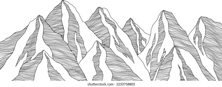 Mountain futuristic illustration. Background wavy lines. Nature sketch. Abstract landscape.