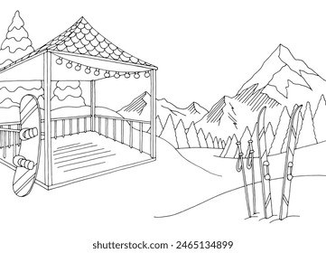 Mountain gazebo graphic black white landscape sketch illustration vector 