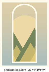 Mountain geometric landscape poster, colorful kids room decor. Sunset in mountains view.