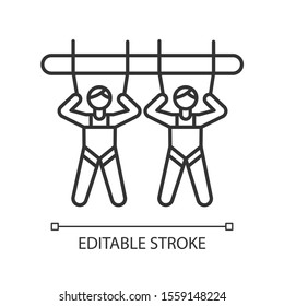 Mountain giant swing linear icon. Amusement park attraction. Canyon swing. Adrenaline recreation. Extreme activity. Thin line illustration. Contour symbol. Vector isolated drawing. Editable stroke