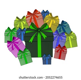 Una montaña de cajas de regalo con cintas y arcos de colores. Fondo festivo. Dibujo estilizado de grabado de época. Ilustración vectorial. 