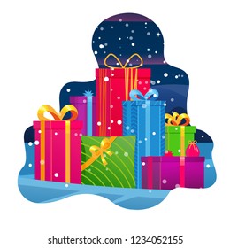 Mountain gifts. Big pile of colorful wrapped gift boxes. Beautiful present box on Winter background. Gift symbol. Christmas gift box. Decorative stylish wrap for presents package. Vector illustration