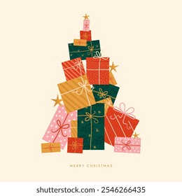 a mountain of gifts in the shape of a Christmas tree. A hand-drawn holiday card in bright colors. A sweet naive Christmas card