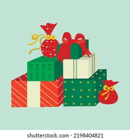 mountain of gifts. Vector illustrations of gifts. Set of Cute Merry Christmas and Happy New Year Illustrations or stickers. Festive christmas objects. Drawings for card, poster or background