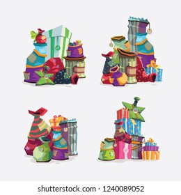 Mountain gifts.Gift box.Presents.Vector set of various gift boxes and gift bags.Shopping.Gifts for the holidays.Vector Illustration.
Christmas gift bags.Colorful wrapped bags.