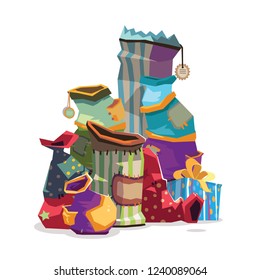 Regalos de montaña. Caja de regalo. Presents. Vector conjunto de varias cajas de regalo y bolsas de regalo. Shopping. Regalos para las fiestas. Ilustración vectorial.
Bolsas de regalo de Navidad. Bolsas envueltas de colores.