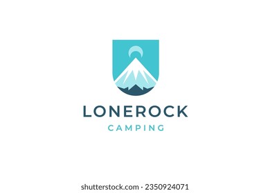 Mountain glacier half moon logo design template for camping expedition vector flat illustration. Natural geology formation rock cliff blue emblem hiking extreme active lifestyle travel exploration