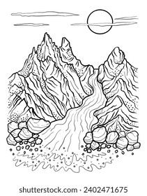 Mountain Glacier landscape. Glacier Melting. Vector illustration. Hand drawn sketch.