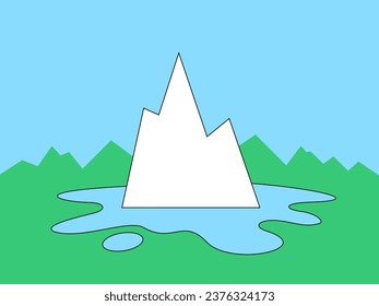 Mountain glacier is melting and thawing. Puddle and spill of water around top, peak and summit of icy mountain because of global warming and climate change. Vector illustration.