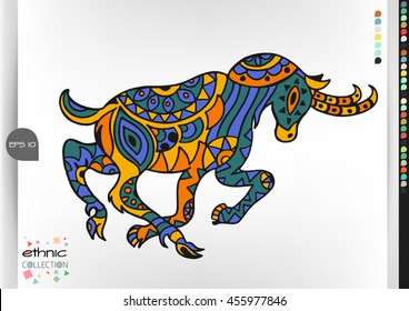 Mountain goat .Animal patterns with hand-drawn doodle waves and lines. Vector illustration in bright colors.