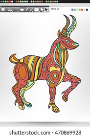 Mountain goat. Animal patterns with hand-drawn doodle waves and lines. Vector illustration in bright colors.