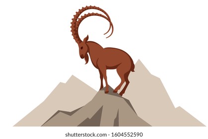 mountain goat with big horns stands on top of a mountain