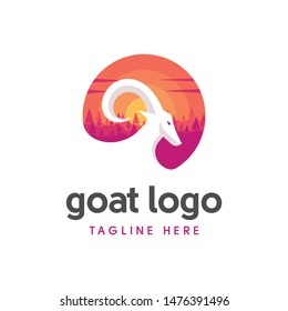Mountain Goat Head Logo Negative.  Wild Nature Circle Logo.  Wildlife and Landscape, Mountain Goat Logo