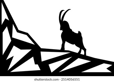 Bergziege, Steinbock-Logo-Vektor einzeln auf weißem Hintergrund. Silhouette des großen Widders, der am Felsen steht