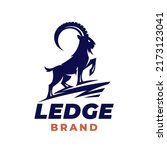 Mountain goat logo. Wild ram icon. Ibex silhouette ledge symbol. Bighorn sheep emblem. Outdoor hiking adventure brand identity design. Aries animal sign. Vector illustration.