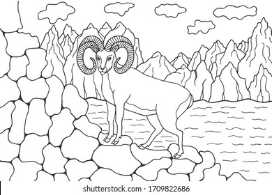 Mountain goat, mountains. Forest. coloring book. eps10 vector stock illustration. hand drawing. out line