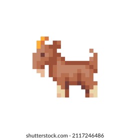 Mountain goat. Pixel art. Flat style. Cartoon animal farm icon for children's mobile app, book illustration and sticker. Video game sprite. Isolated vector illustration.