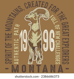 Mountain goat sheep for hunting outdoor zoo farm in old vintage retro style logo, t-shirt design with text and cool colors.