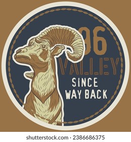 Mountain goat sheep for hunting outdoor zoo farm in old vintage retro style logo, t-shirt design with text and cool colors.