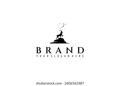 mountain goat silhouette logo on rocky hill decorated with moon and stars in flat design
