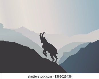 Mountain goat silhouette vector illustration. Mountains landscape.