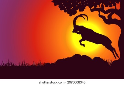 Mountain goat silhouette. Zodiac sign and symbol on sunset landscape background illustration for banner, wallpaper, background. Vector graphic eps 10.