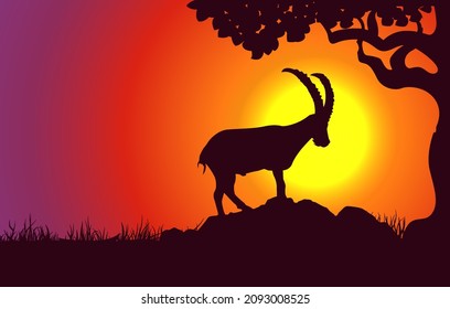 Mountain goat silhouette. Zodiac sign and symbol on sunset landscape background illustration for banner, wallpaper, background. Vector graphic eps 10.
