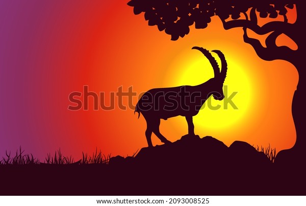 Mountain goat silhouette. Zodiac sign and symbol on sunset landscape background illustration for wallpaper, background. Vector graphic. 