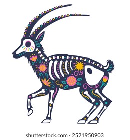 Mountain goat skeleton decorated with flowers and decorative elements, side view. Festive animal for the Mexican Day of the Dead,  Dia de los Muertos.