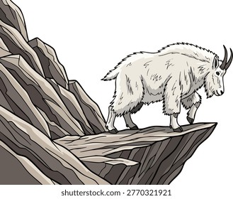 Mountain goat standing on a cliff edge with mountain wildlife climbing standing precipice herbivore americana ungulate domestic livestock domesticated