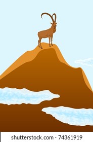 Mountain goat standing on top of a mountain, beneath drifting clouds.