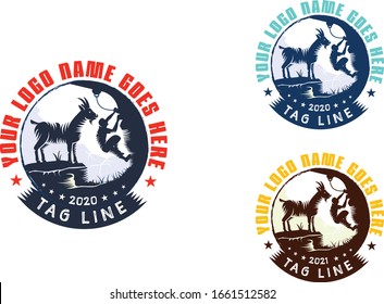 A mountain goat stands on a rock looking to a climber climbing a rocky mountain on the nature for hikers and sport events 