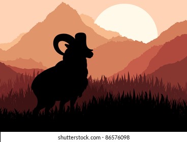 Mountain goat in wild nature landscape illustration