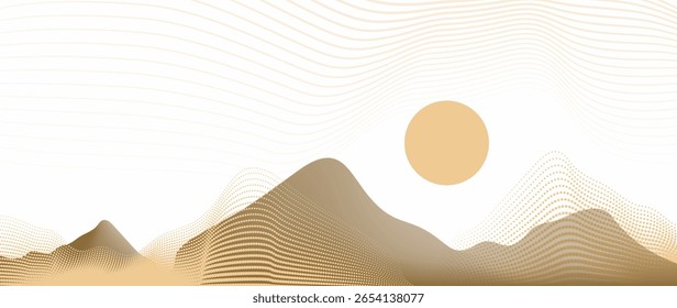 Mountain gold background vector. Abstract Mountain landscape with gold dot line art, wavy, curve, sun. Wallpaper design for print, wall art, cover and interior.
