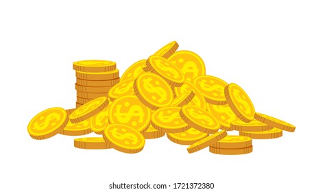 Mountain of gold coins flat cartoon. Golden coins pile heap, bank currency shining sign. Stacks money for game, apps. High stacks, financial growth. Hundreds cash pile. Isolated vector illustration